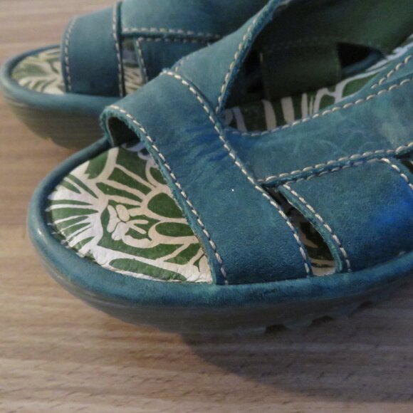 FLY LONDON Leather Yisa Wedge Sandals in Forest Green Sz US 6-6.5 / EU 38 - Picture 3 of 13